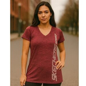 Skechers Sport Women's T-Shirt Red Heather V-Neck Activewear Tee Top‎ L